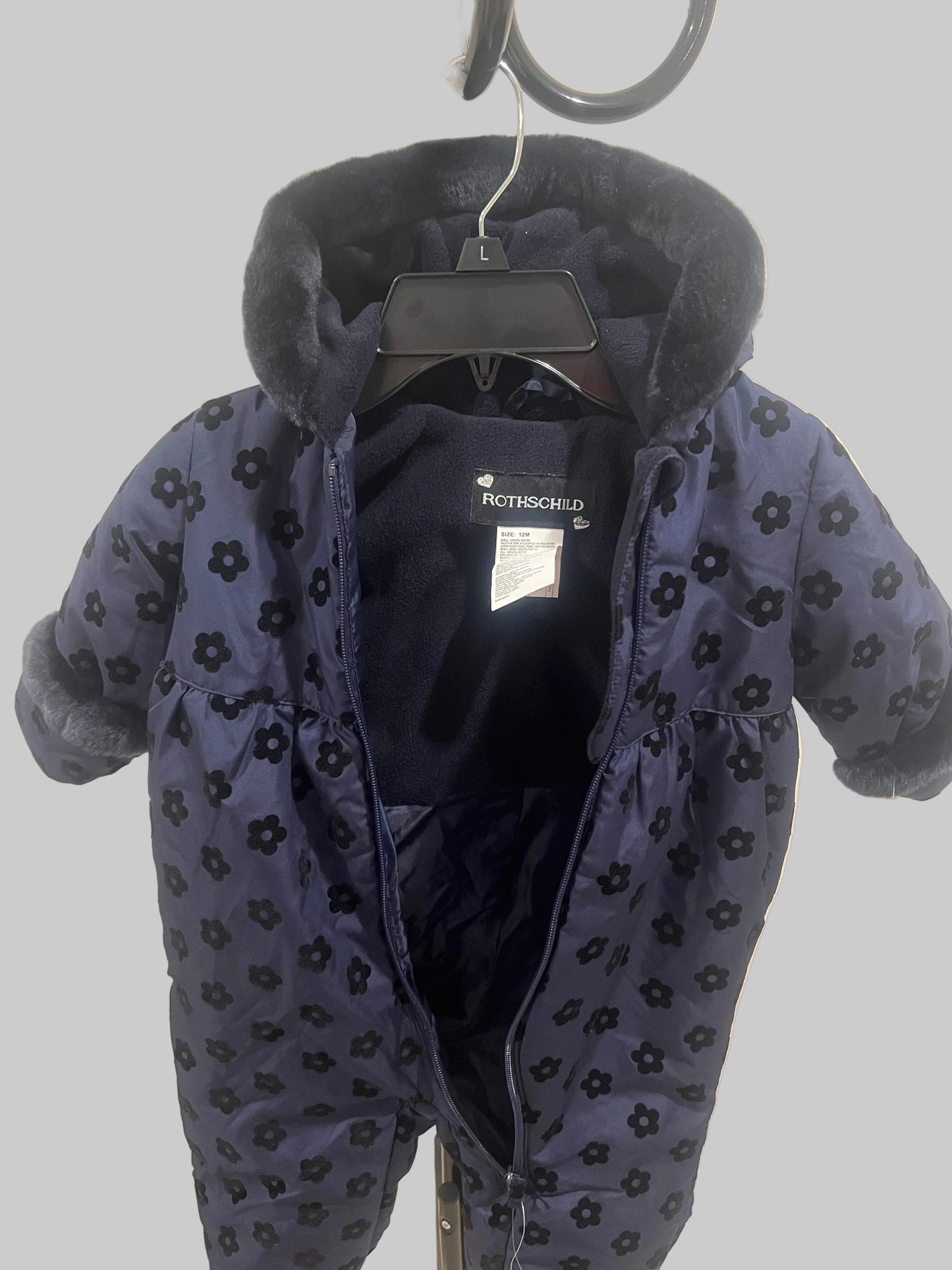 Rothschild Puffer Snowsuit Girls 12 Month Navy Blue Fuzzy Hood Footed W/ Mittens