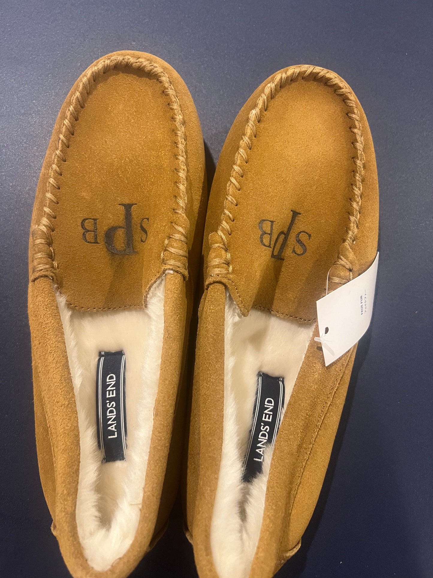 Lands' End Women's Suede Moccasin Slippers English Tan Fur Interior with Initial SPB - 7