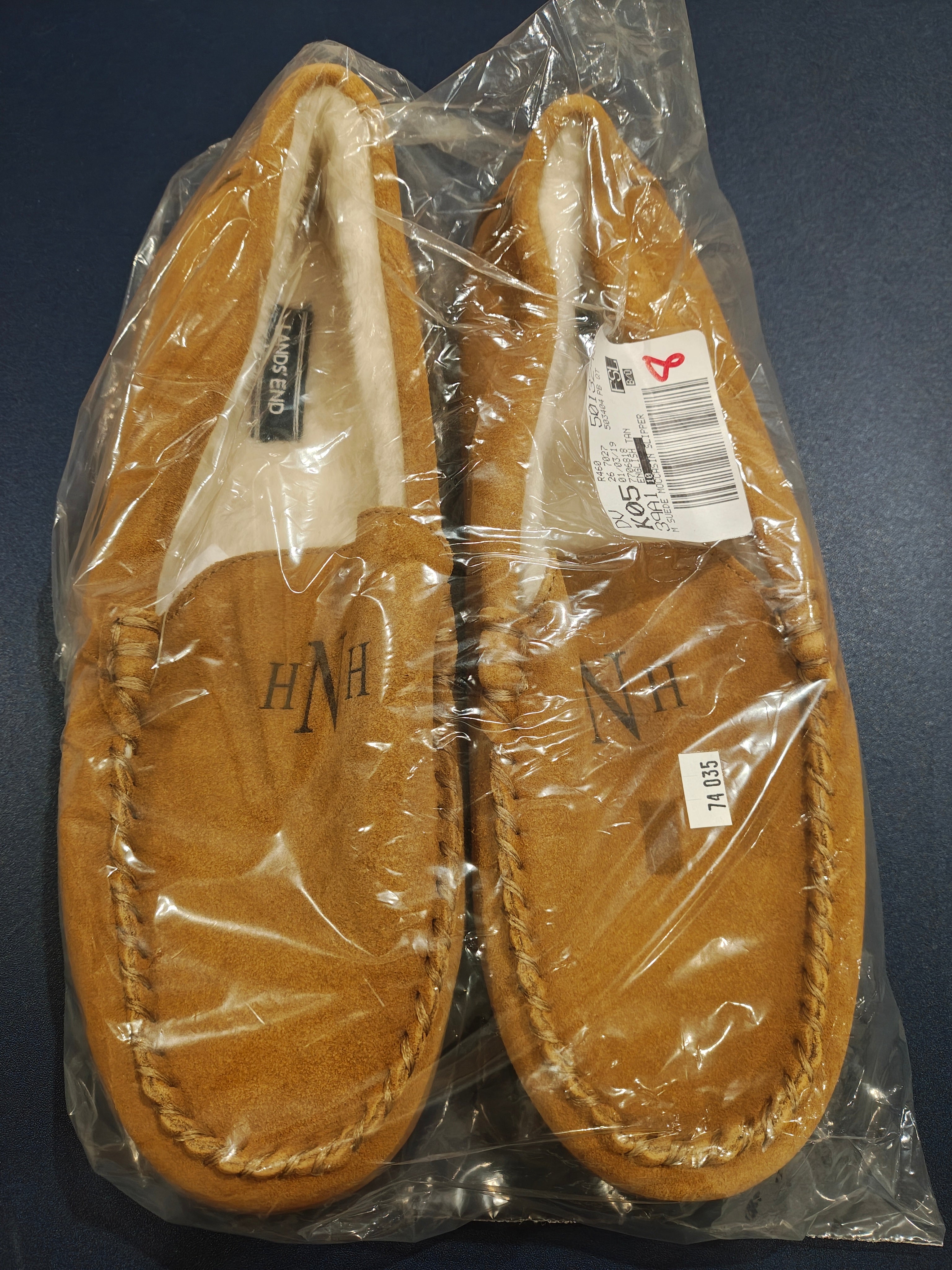 Lands' End Men's Fuzzy Lined Suede Moccasin Slippers Monogrammed HNH- sz 10