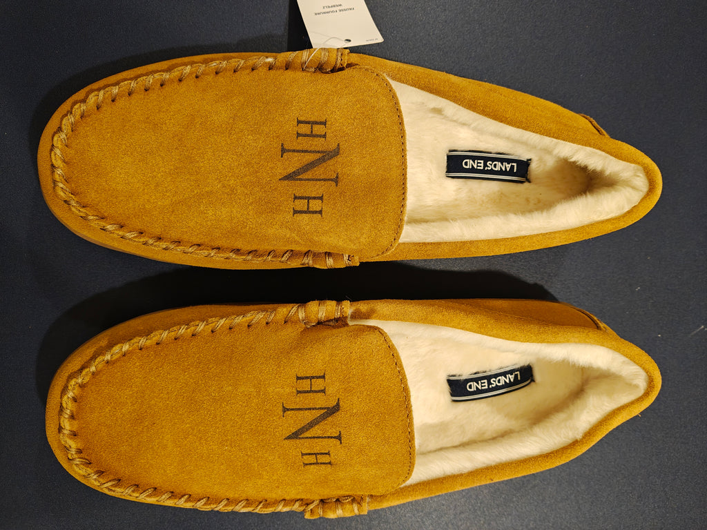 Lands' End Men's Fuzzy Lined Suede Moccasin Slippers Monogrammed HNH- sz 10
