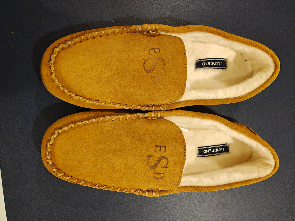 Lands' End Men's Fuzzy Lined Suede Moccasin Slippers Monogrammed ESD - Size 12