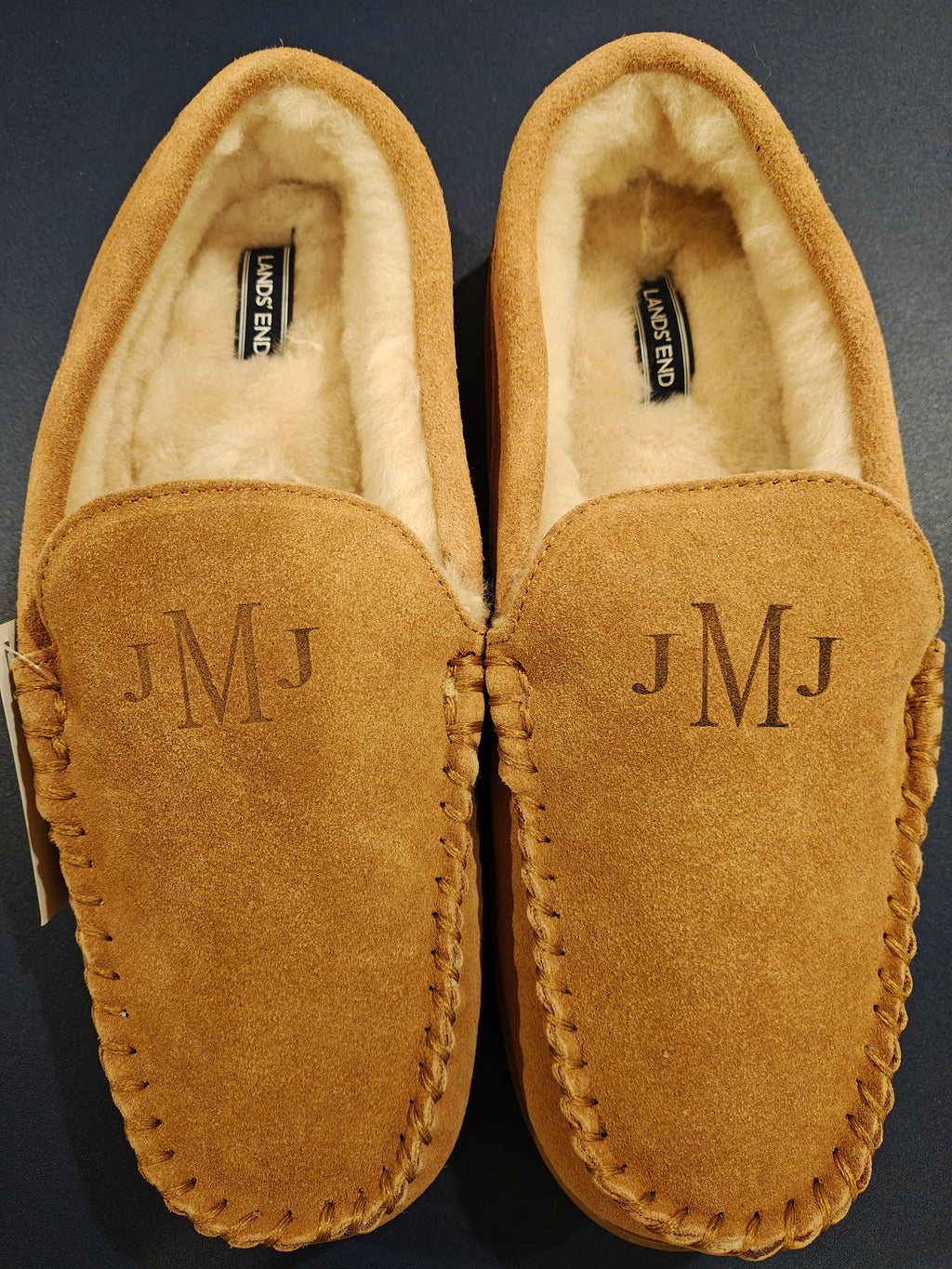 Lands' End Men's Fuzzy Lined Suede Moccasin Slippers Monogrammed JMJ- Size 11