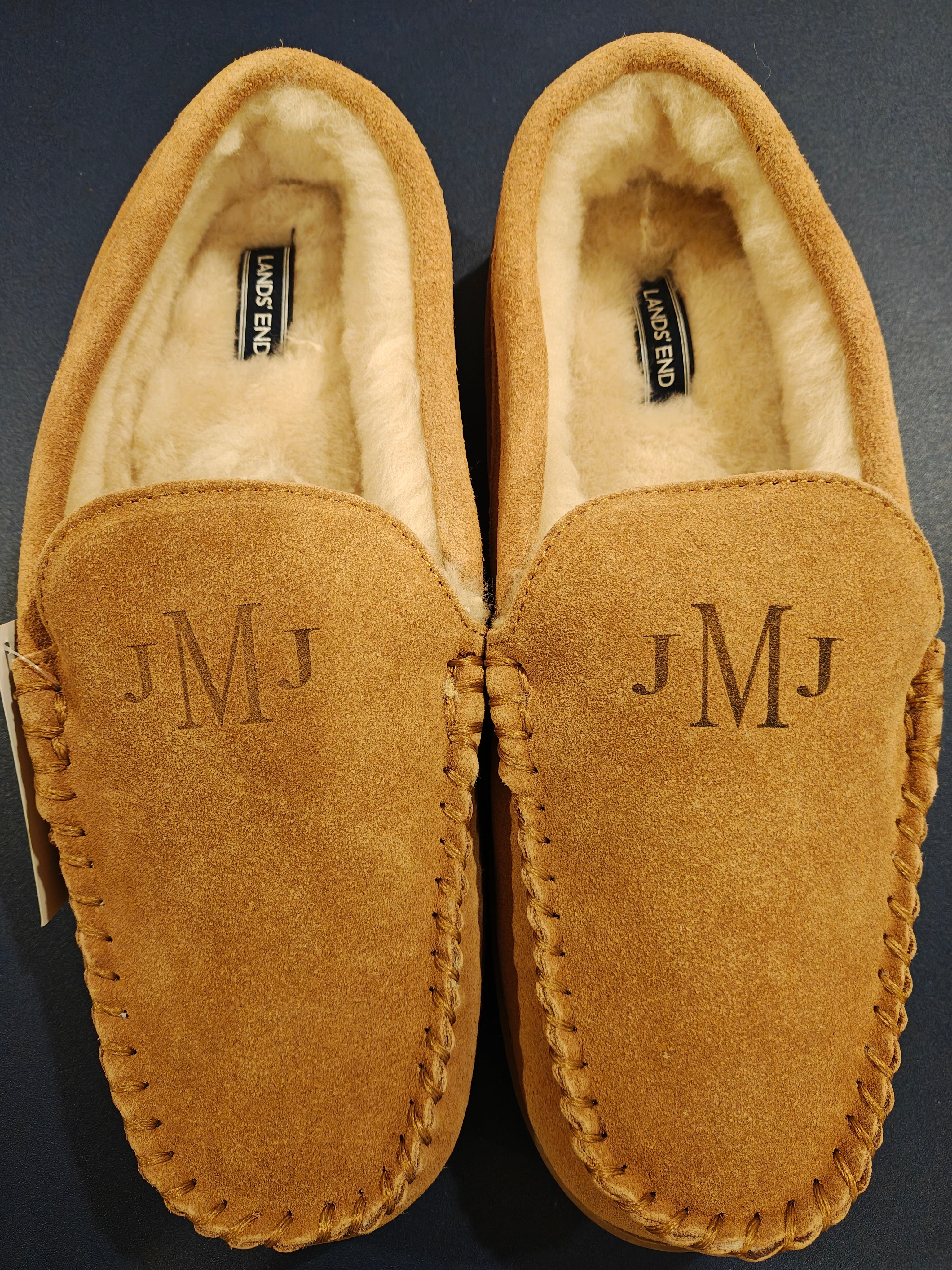 Lands' End Men's Fuzzy Lined Suede Moccasin Slippers Monogrammed JMJ- Size 11