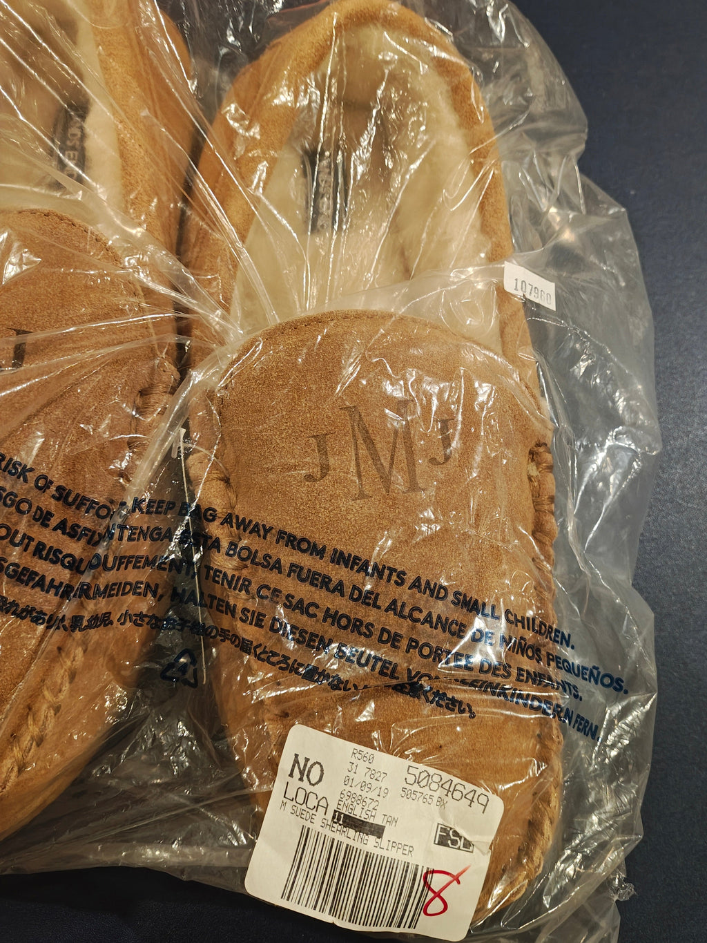 Lands' End Men's Fuzzy Lined Suede Moccasin Slippers Monogrammed JMJ- Size 11