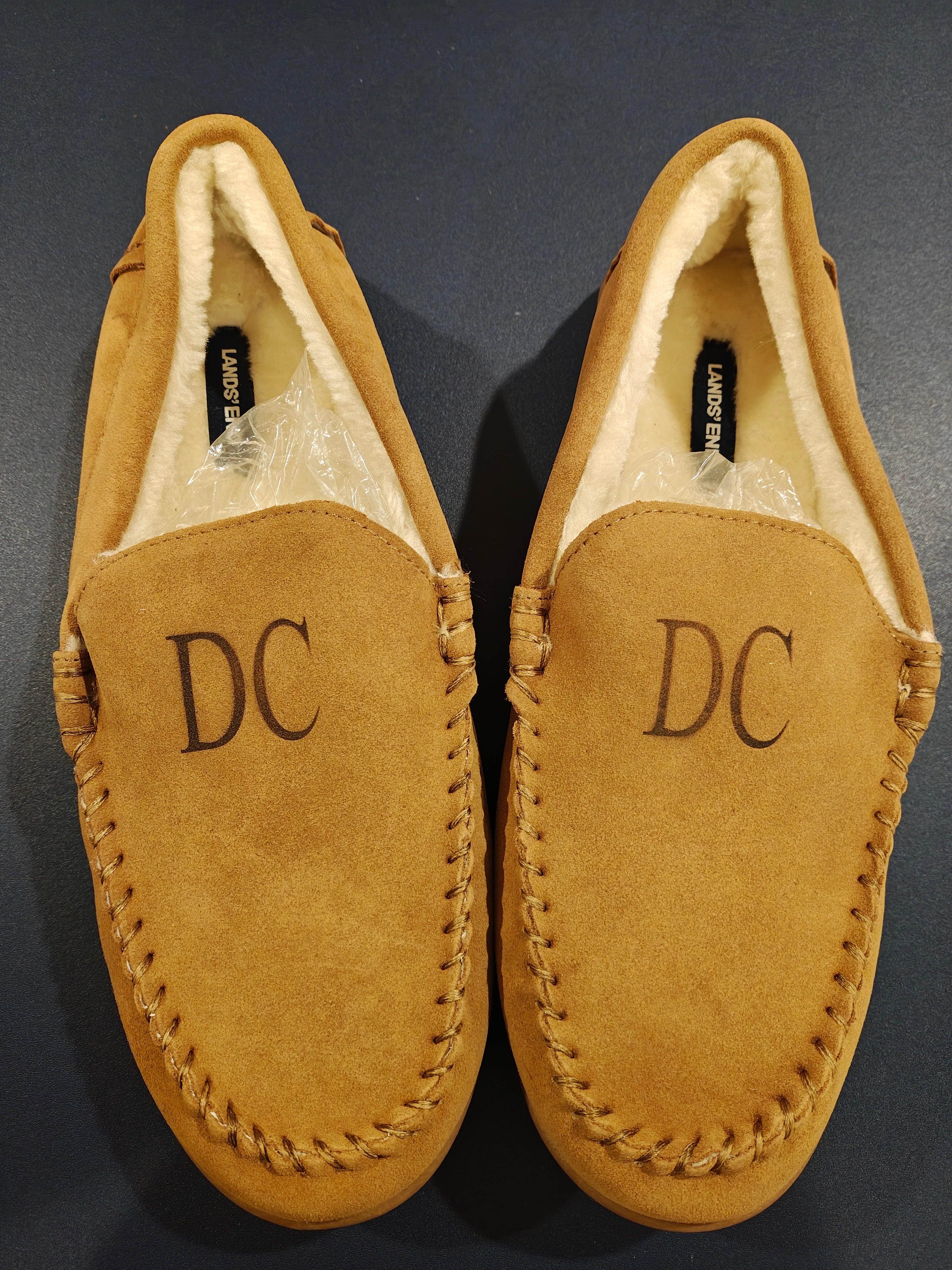 Lands' End Men's Fuzzy Lined Suede Moccasin Slippers Monogrammed DC - Size 12