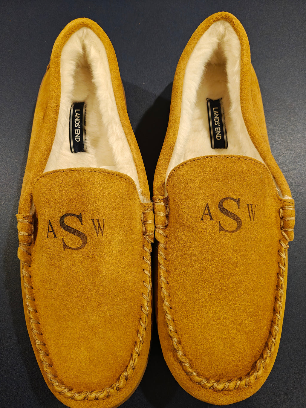 Lands' End Men's Fuzzy Lined Suede Moccasin Slippers Monogrammed ASW- Size 12