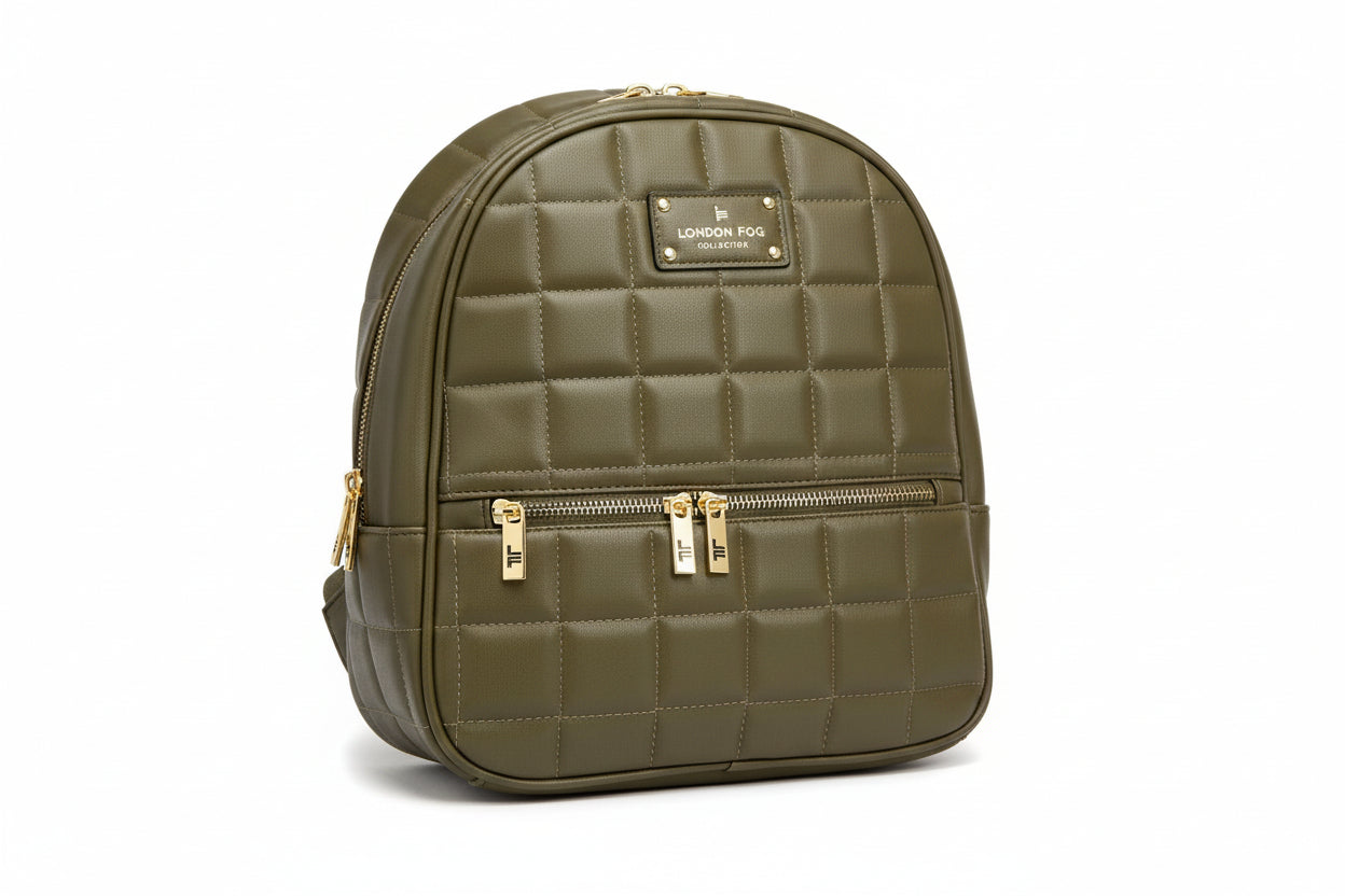 LONDON FOG Jael Quilted Backpack with adjustable straps. Olive green and Ruby