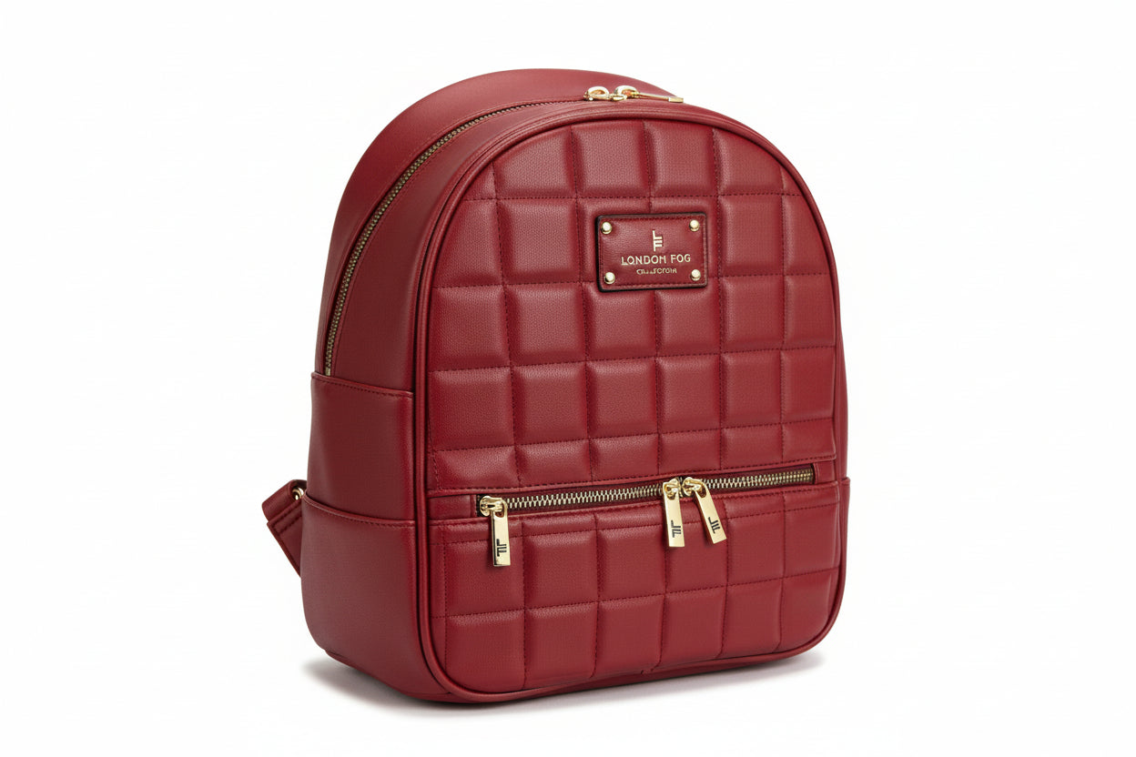 LONDON FOG Jael Quilted Backpack with adjustable straps. Olive green and Ruby