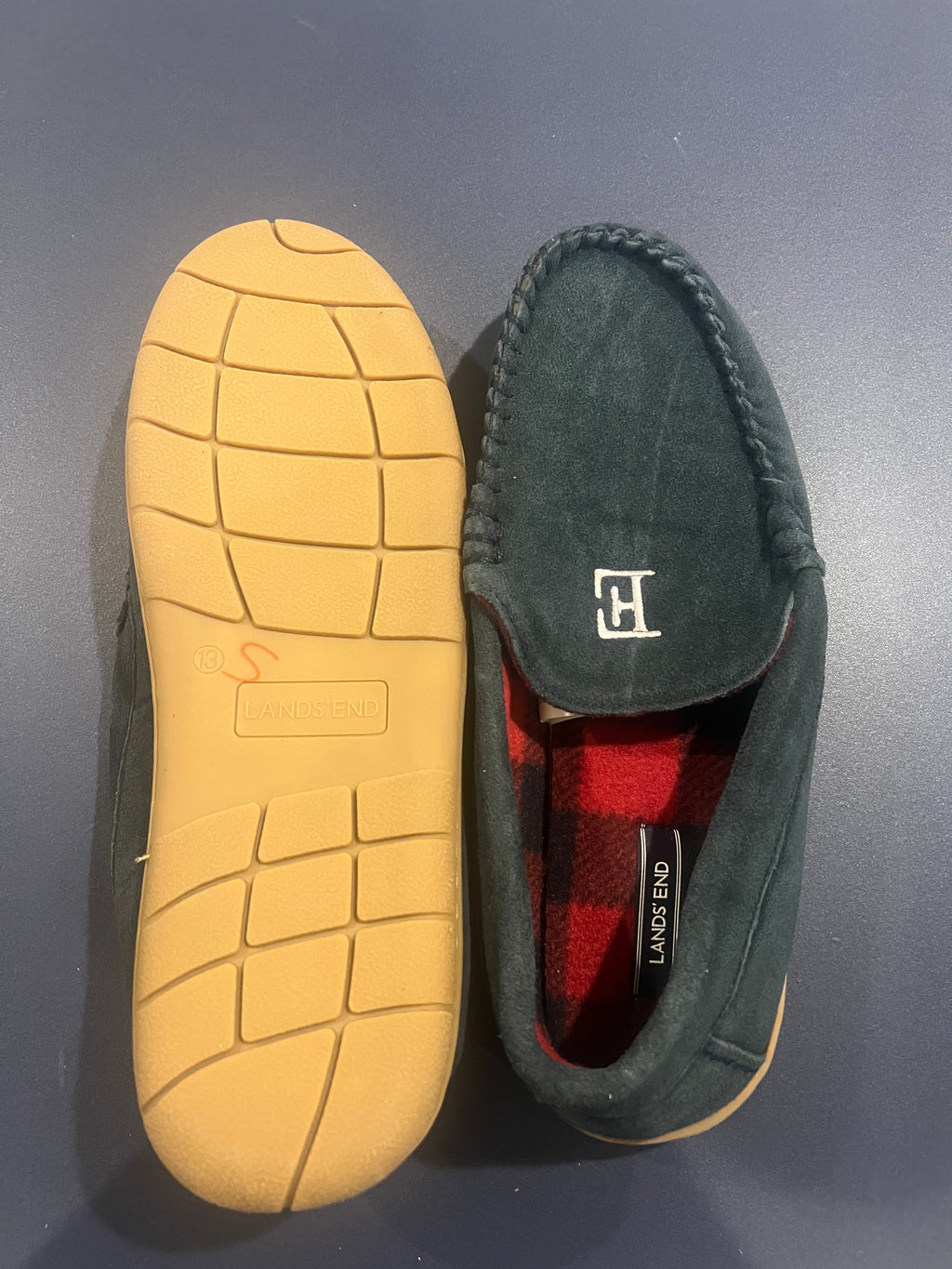 Land's End Men's Hommes Flannel Lined Suede Slip on Moccasin Loafers - Size 13