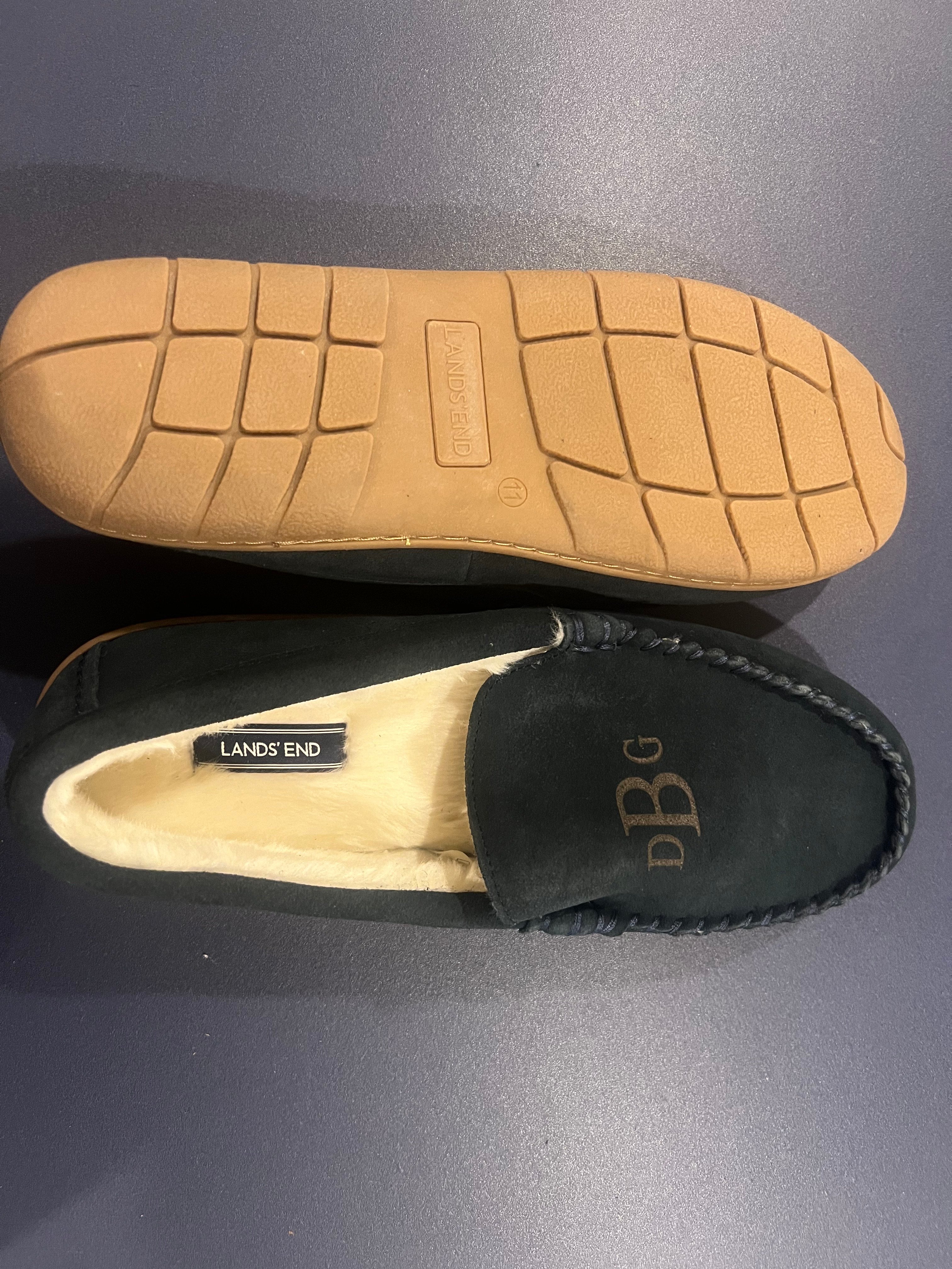 Lands' End Men Fuzzy Lined Suede Moccasin  Slippers Monogrammed  DBG - Size 11