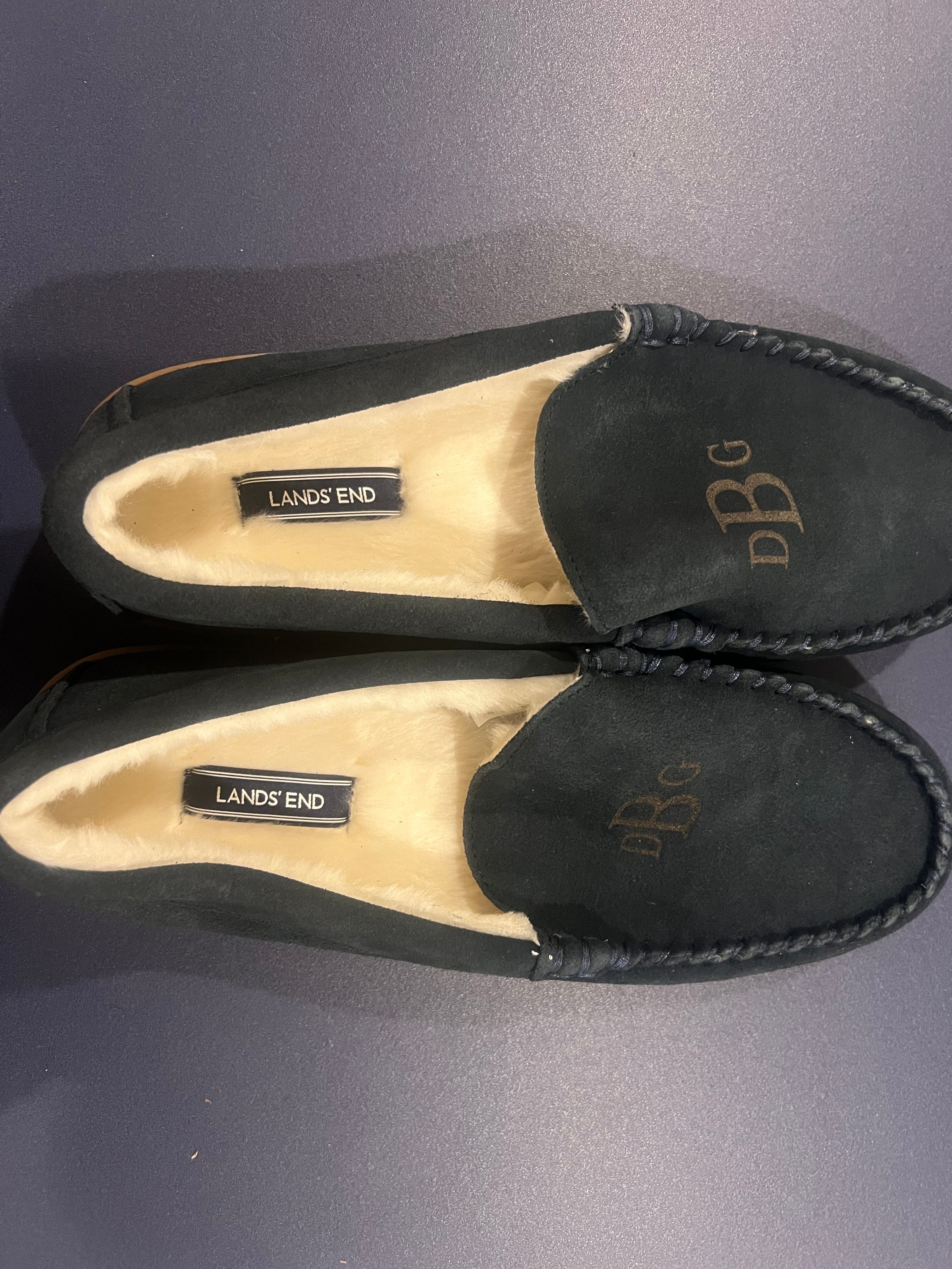 Lands' End Men Fuzzy Lined Suede Moccasin  Slippers Monogrammed  DBG - Size 11