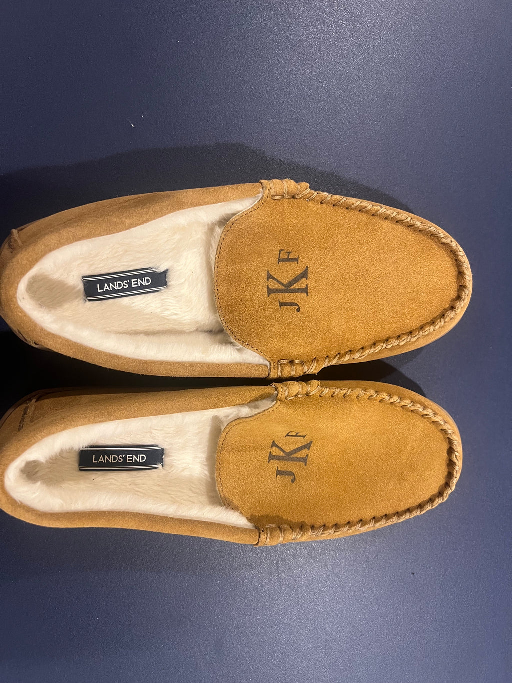 Lands' End Men's Fuzzy Lined Suede Moccasin Slippers Monogrammed JKF - Size 11