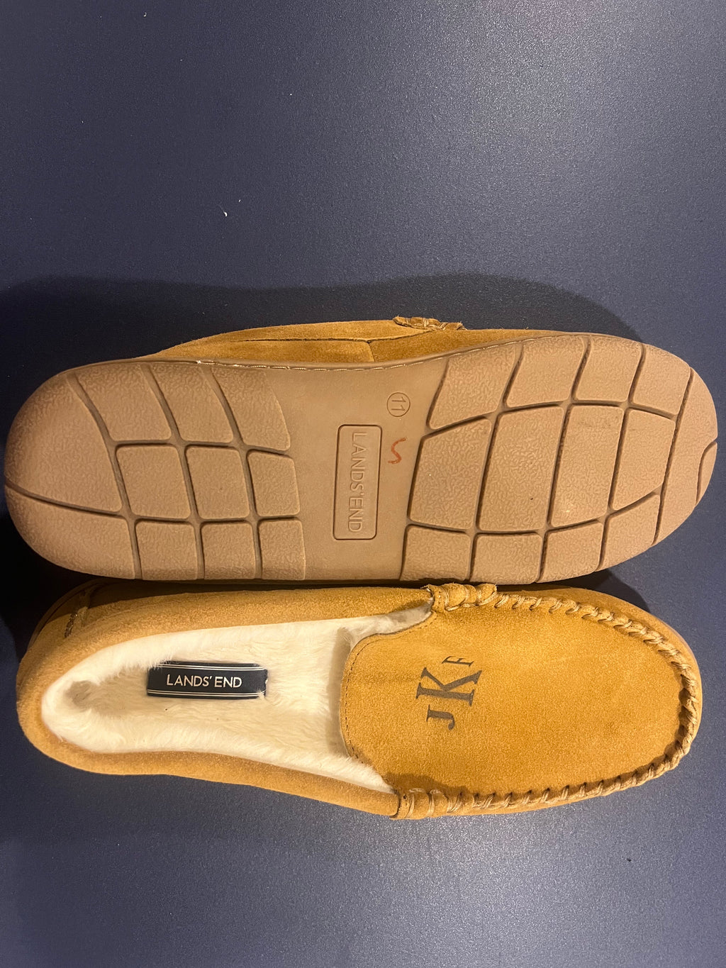 Lands' End Men's Fuzzy Lined Suede Moccasin Slippers Monogrammed JKF - Size 11