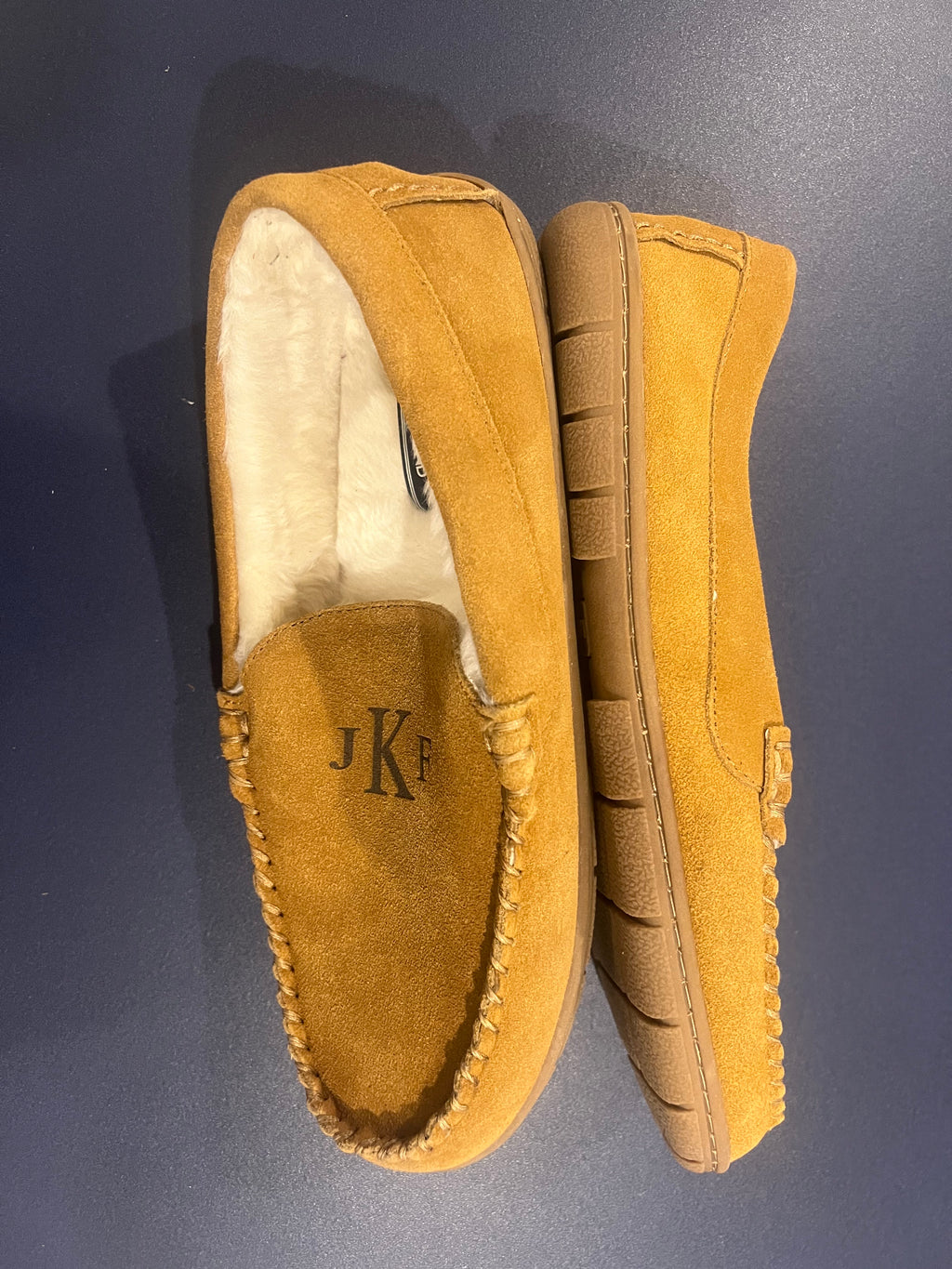 Lands' End Men's Fuzzy Lined Suede Moccasin Slippers Monogrammed JKF - Size 11