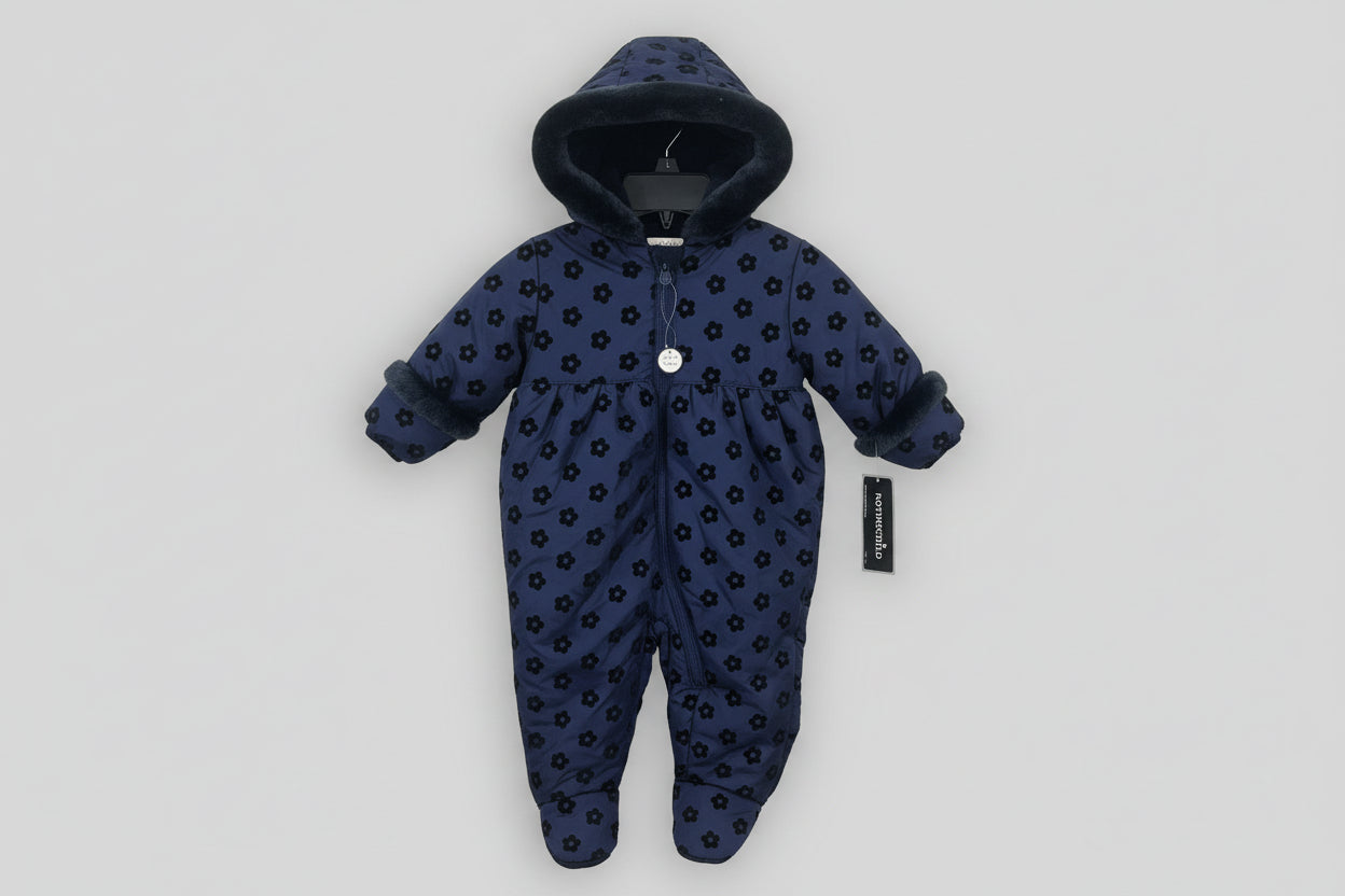 Rothschild Puffer Snowsuit Girls 12 Month Navy Blue Fuzzy Hood Footed W/ Mittens
