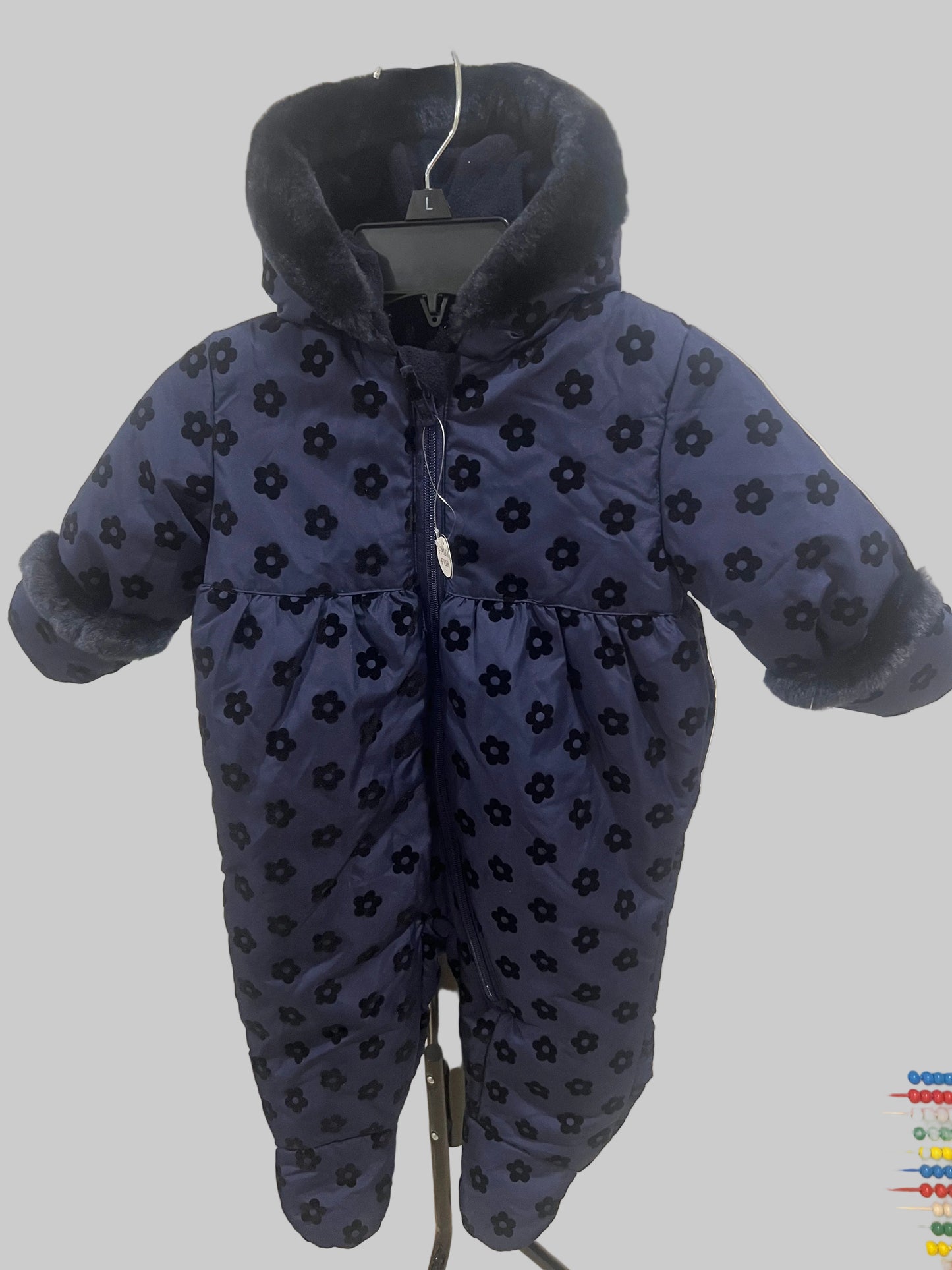 Rothschild Puffer Snowsuit Girls 12 Month Navy Blue Fuzzy Hood Footed W/ Mittens