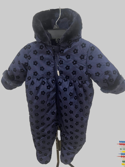 Rothschild Puffer Snowsuit Girls 12 Month Navy Blue Fuzzy Hood Footed W/ Mittens