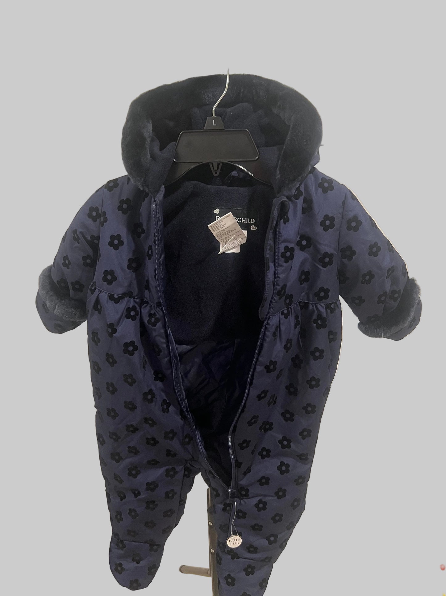 Rothschild Puffer Snowsuit Girls 12 Month Navy Blue Fuzzy Hood Footed W/ Mittens
