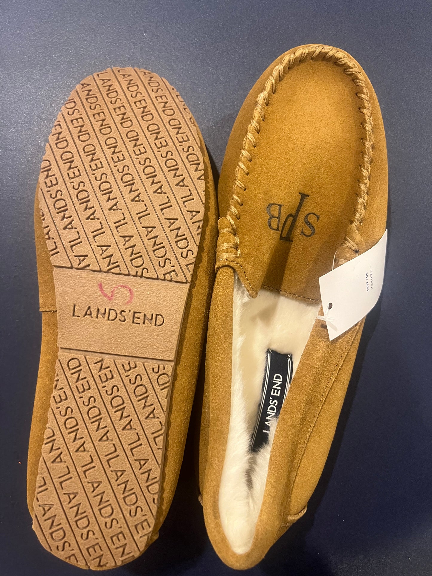 Lands' End Women's Suede Moccasin Slippers English Tan Fur Interior with Initial SPB - 7