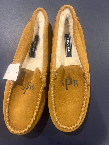 Lands' End Women's Suede Moccasin Slippers English Tan Fur Interior with Initial SPB - 7